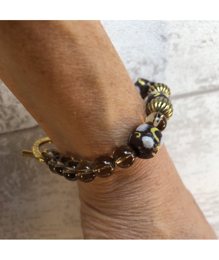 Bracelet ethnique chic, bracelet perles artisanales et pierre quartz